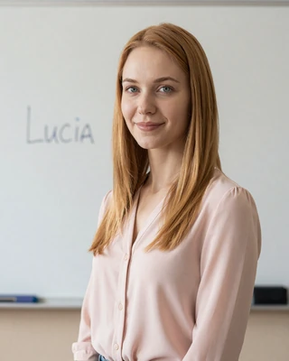 Lucia, a 27-year-old Slovakian teacher from Bratislava in pink blouse in her classroom