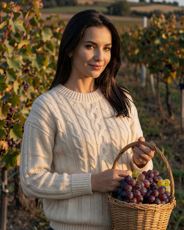 Dorina from Chișinău in cream sweater holding a basket of grapes in a golden vineyard