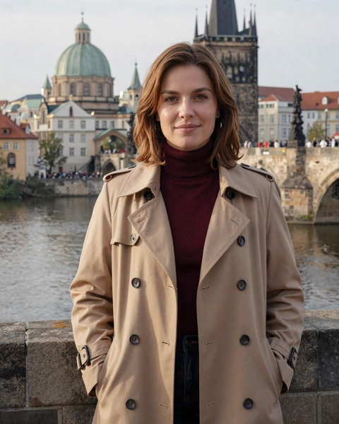 Tereza in burgundy turtleneck and camel trench coat on Charles Bridge Prague in morning light