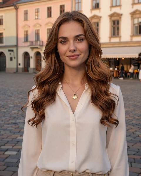 Kateryna from Lviv in cream blouse by a sunlit window reading a book