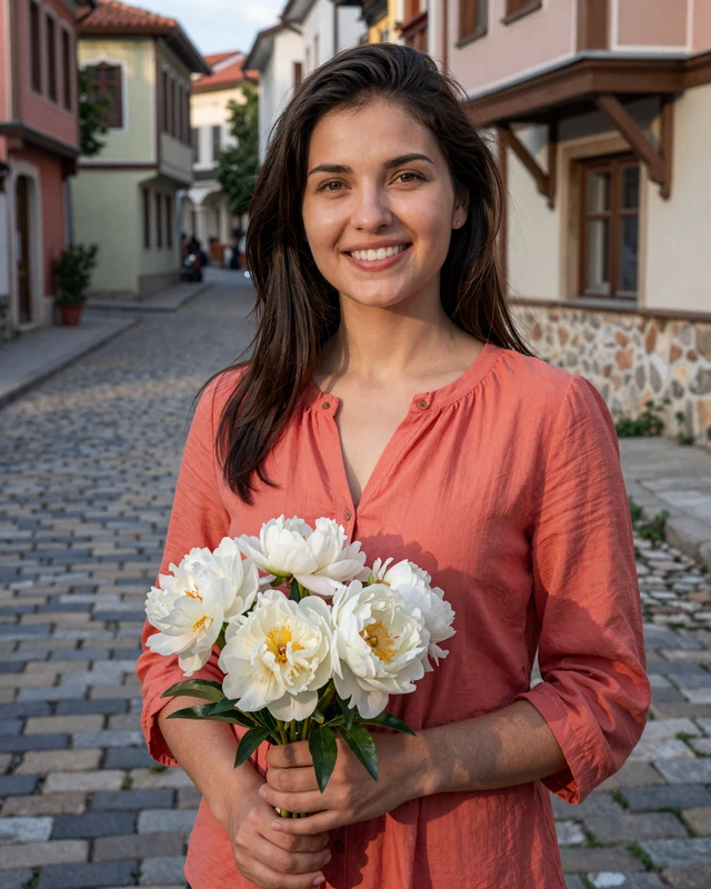Radina from Plovdiv in coral blouse holding white peonies on a cobblestone street