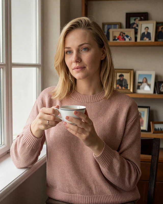 Natasha from Saint Petersburg in dusty rose sweater holding a teacup by a sunlit window