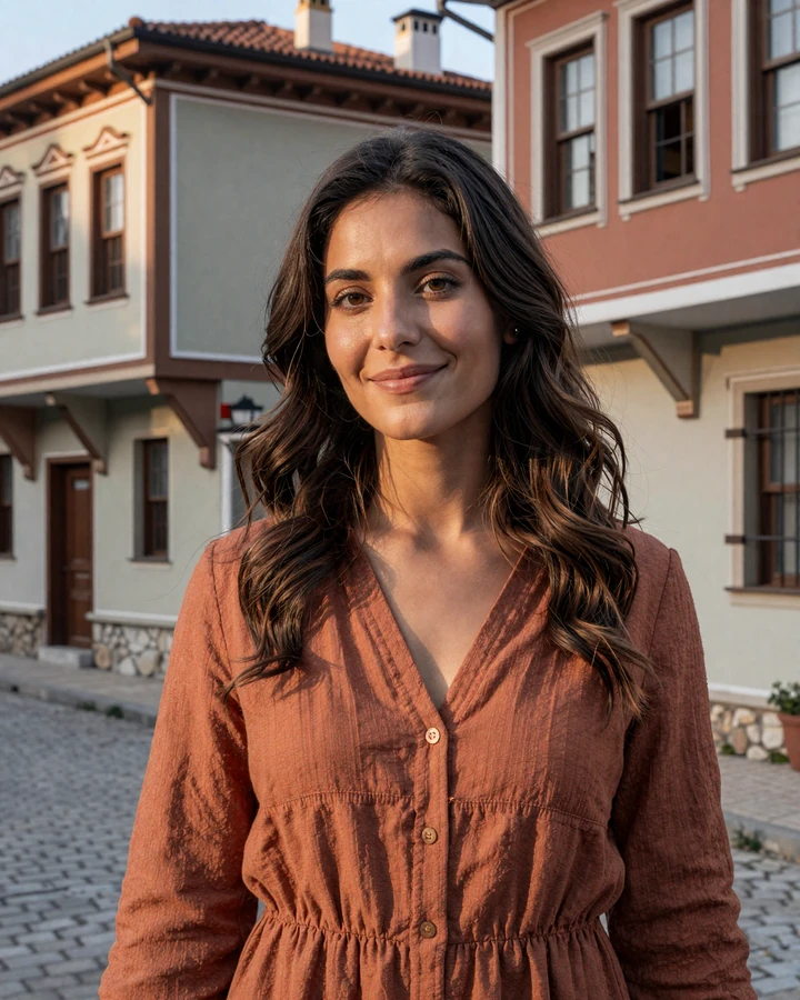 Elena, a smiling Bulgarian woman in a rust linen dress in the old town of Plovdiv representing Bulgarian women dating on Datingrusgirl