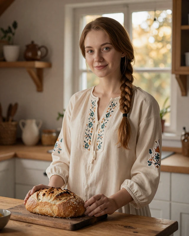 Iryna from Lviv in cream embroidered blouse baking bread in a sunlit cottage kitchen