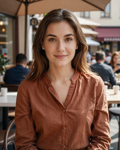 Radina 27 from Sofia in rust blouse at a sunny street cafe