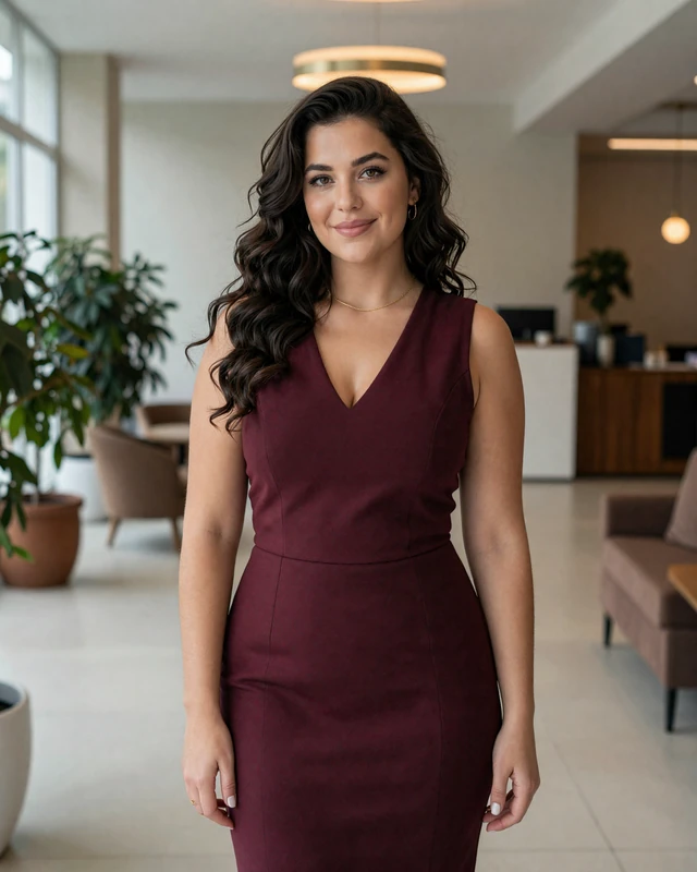 Mariana from Chișinău in burgundy midi dress in a modern office lobby