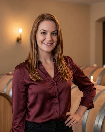 Eszter 29 from Szeged in burgundy silk blouse at a candlelit wine cellar