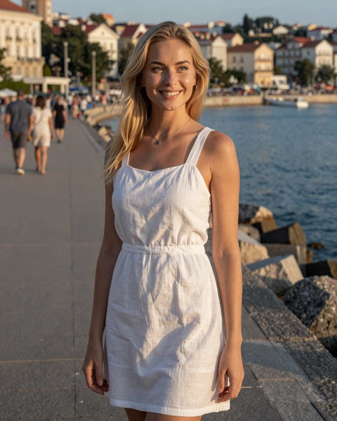 Yuliya from Odesa in white linen sundress by the sea