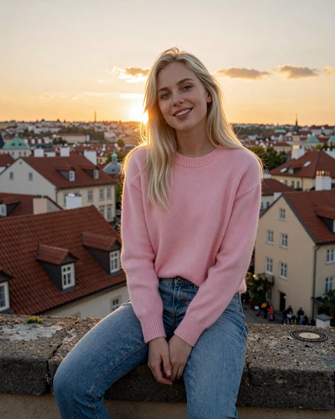 Barbora from Prague in soft pink cashmere sweater above the rooftops at sunset