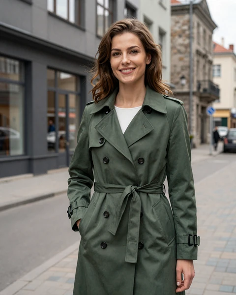 Kristýna from Ostrava in forest green trench coat on a modern city street