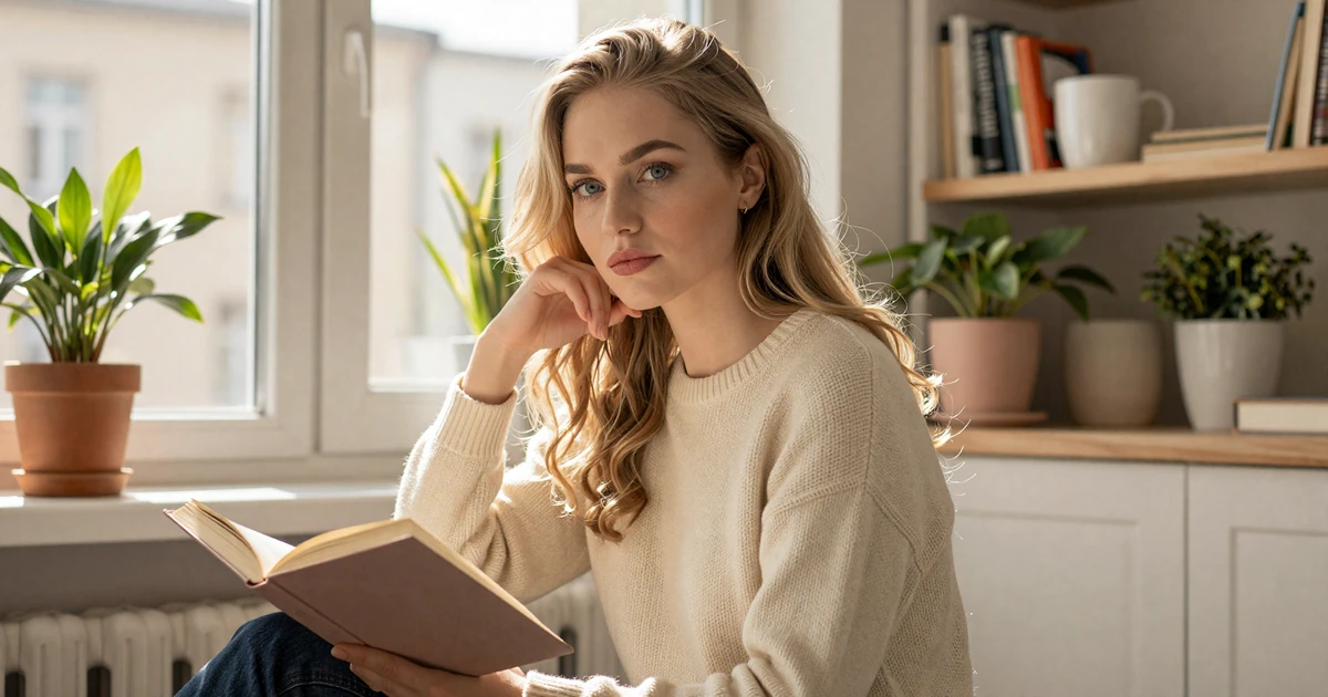 Anastasia, a thoughtful Slavic woman reading a book by a sunlit window, illustrating the reality behind Slavic women dating myths
