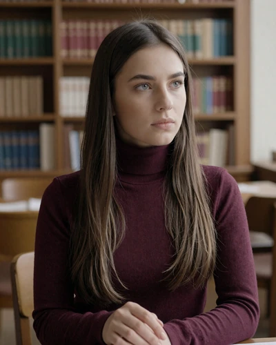 Daria 26 from Saint Petersburg Russia in burgundy turtleneck at a library