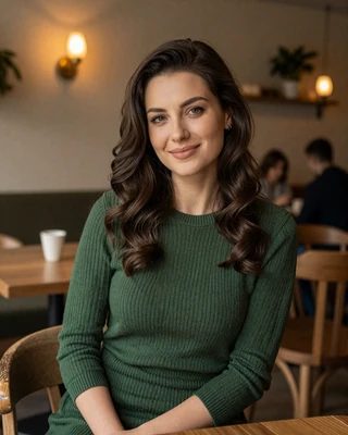Petra from Miskolc in forest green knit dress in a cozy cafe