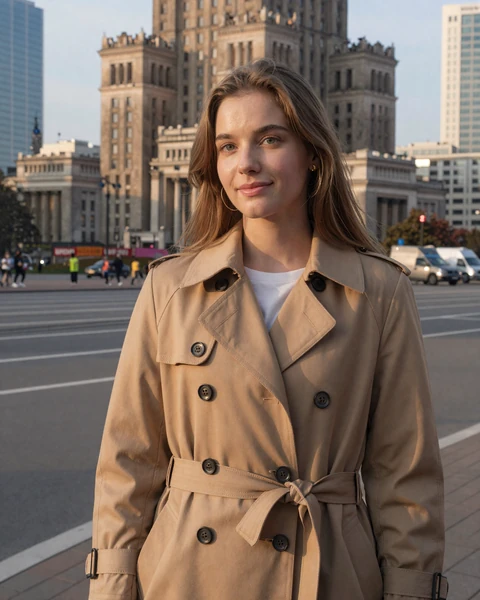 Julia from Warsaw in camel trench coat in a modern city square