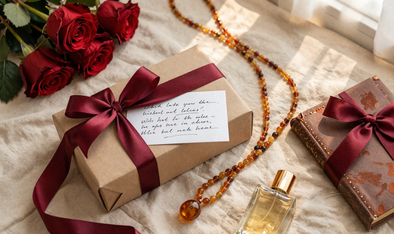 Overhead flat lay of a burgundy gift box, red roses, handwritten letter, and amber necklace arranged for a Slavic girlfriend