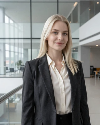 Nastassia from Minsk in cream silk blouse in a modern office lobby