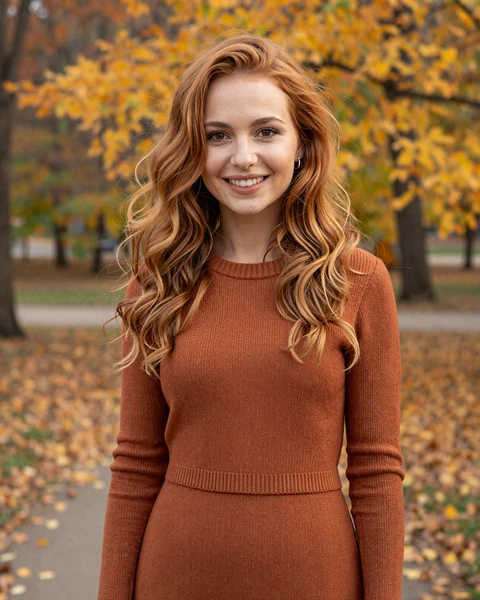 Nataliya from Vinnytsia in terracotta knit dress in autumn park
