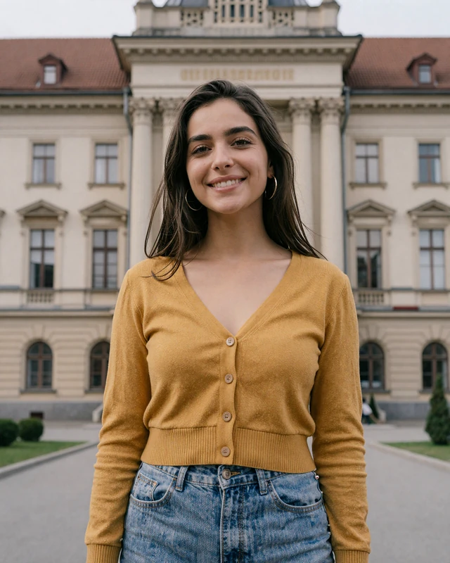 Bianca from Iași in mustard cardigan near the old university building