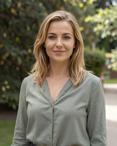 Kamila from Bratislava in sage blouse in botanical garden