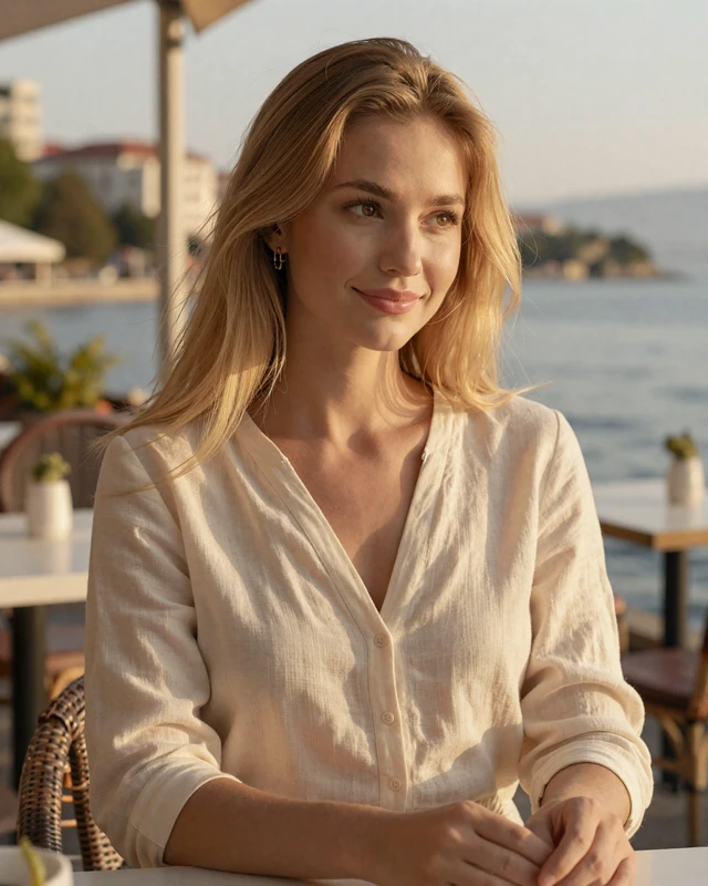 Yuliya from Odesa in ivory linen blouse at a seaside cafe