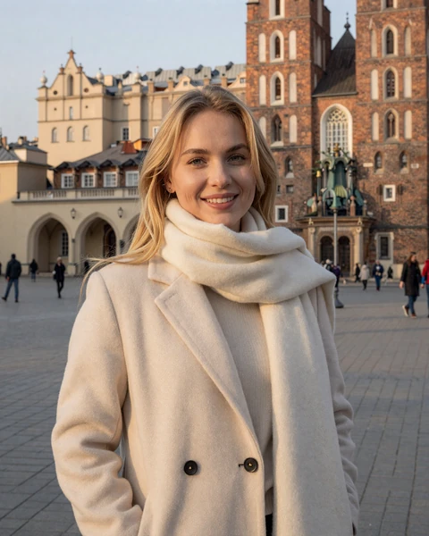 Yuliya smiling in cream wool coat in Krakow old town square at golden hour