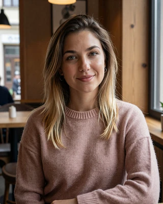 Eszter from Debrecen in dusty rose knit sweater in a cozy cafe