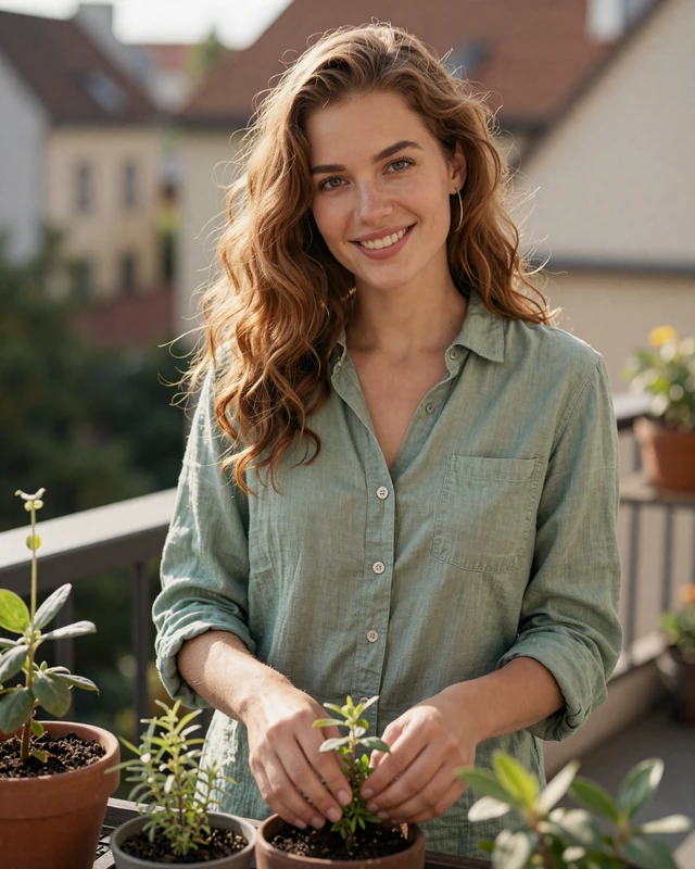 Viera from Košice in sage linen shirt tending a balcony herb garden in morning light