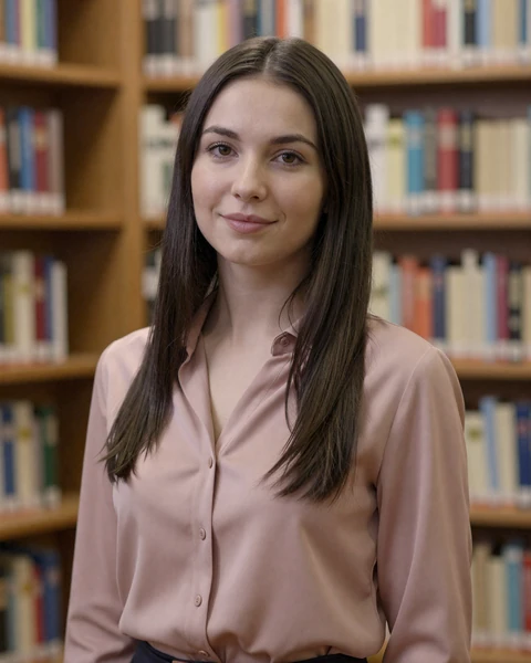 Alina from Novosibirsk in dusty rose silk blouse at university library