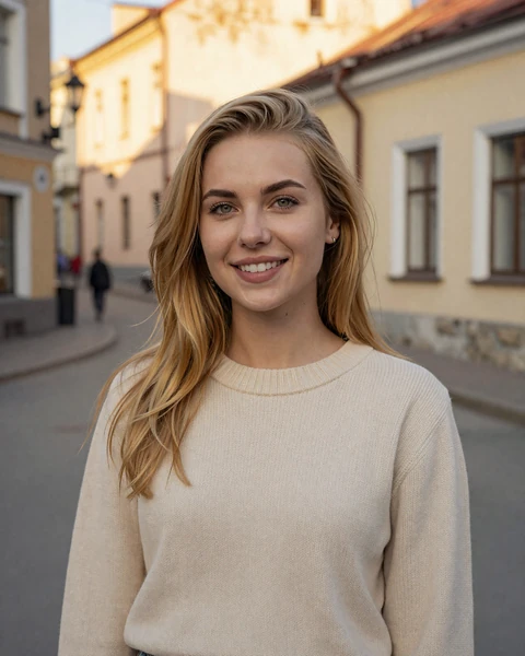Kateryna from Kyiv in cream knit sweater