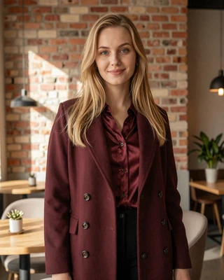 Iryna from Minsk in burgundy silk blouse in a sunlit exposed-brick cafe