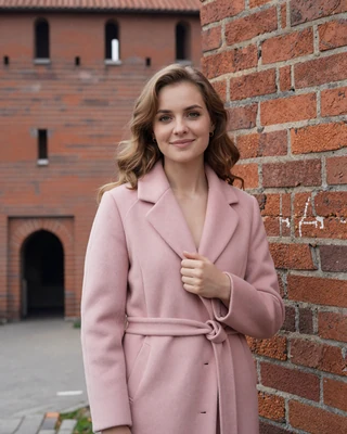 Kseniya from Brest in dusty pink coat near the historic fortress gate