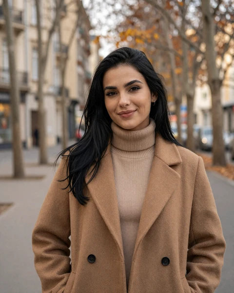 Ioana in camel turtleneck and wool coat on a Bucharest tree lined boulevard in autumn golden light