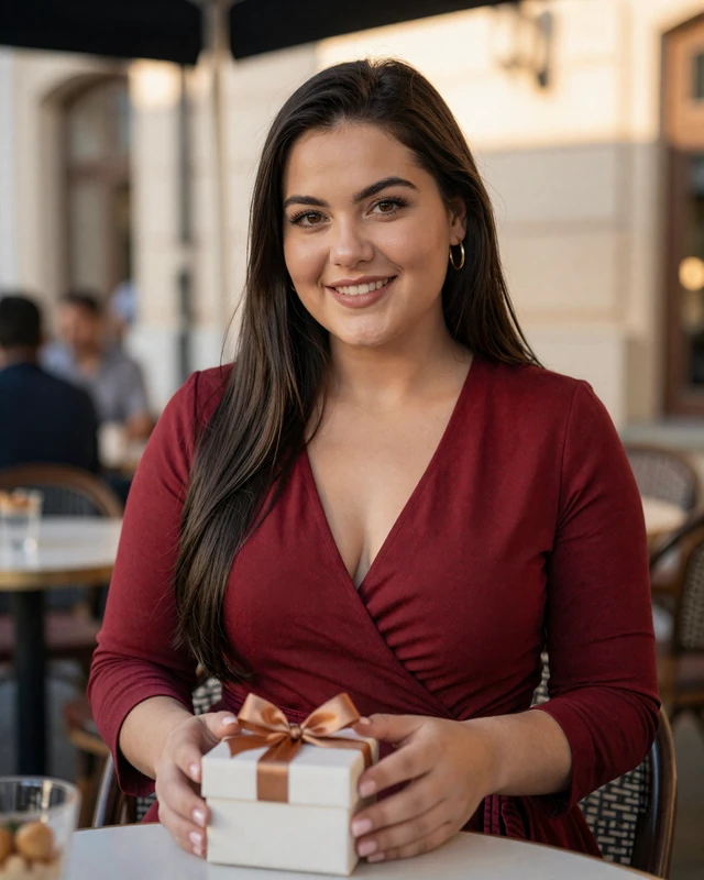 Boglárka from Szeged in deep red wrap dress holding a ribboned gift box in a café
