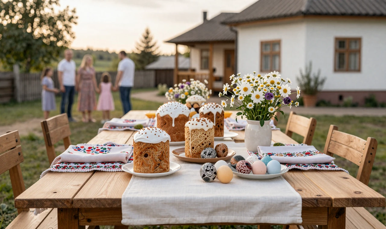 Slavic family Easter table with pysanky eggs and paska bread illustrating Slavic dating culture traditions