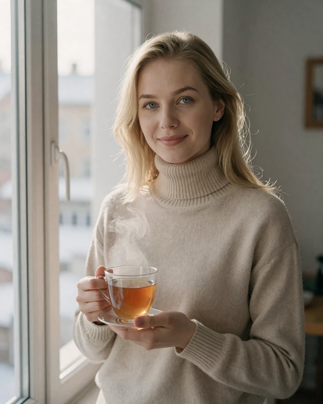 Alena from Minsk in beige turtleneck by a sunlit window holding a cup of tea