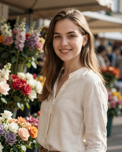 Dominika 26 from Bratislava in ivory blouse at a flower market