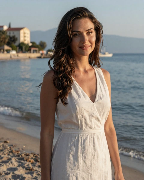 Margarita from Sochi in white linen dress by the Black Sea