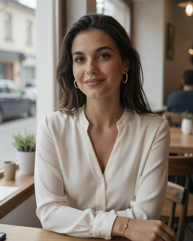 Doina from Chișinău in ivory silk blouse at a cozy cafe window