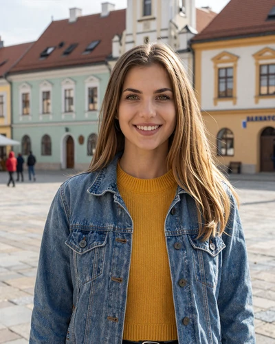 Veronika from Banská Bystrica in mustard sweater on the colorful main square