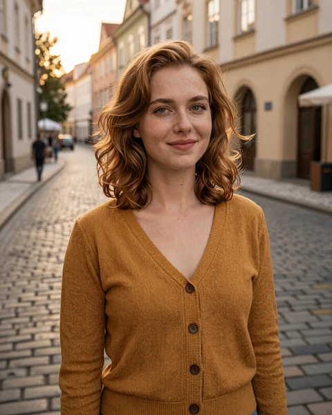 Tereza from Prague in mustard cardigan on cobblestone street