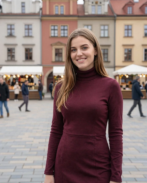 Aleksandra from Poznań in burgundy turtleneck dress in the old market square