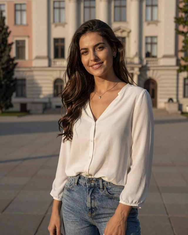 Andreea from Cluj-Napoca in ivory blouse in a university square