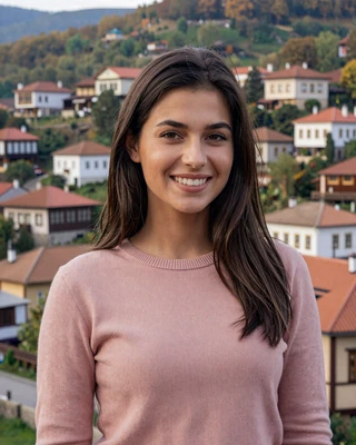 Teodora from Veliko Tarnovo in dusty pink sweater on the hillside old town