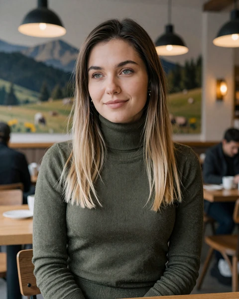 Mariya from Ivano-Frankivsk in olive turtleneck at mountain cafe