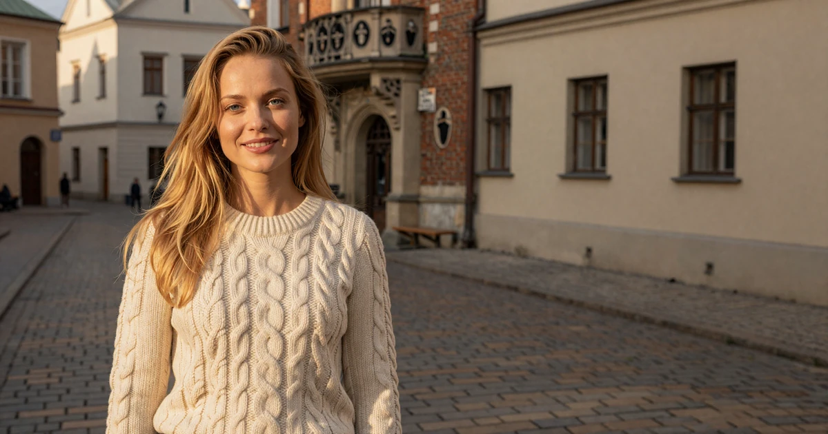 Zuzanna, a smiling Polish woman in cream cable knit sweater on a cobbled street in Kraków representing Polish women dating on Datingrusgirl