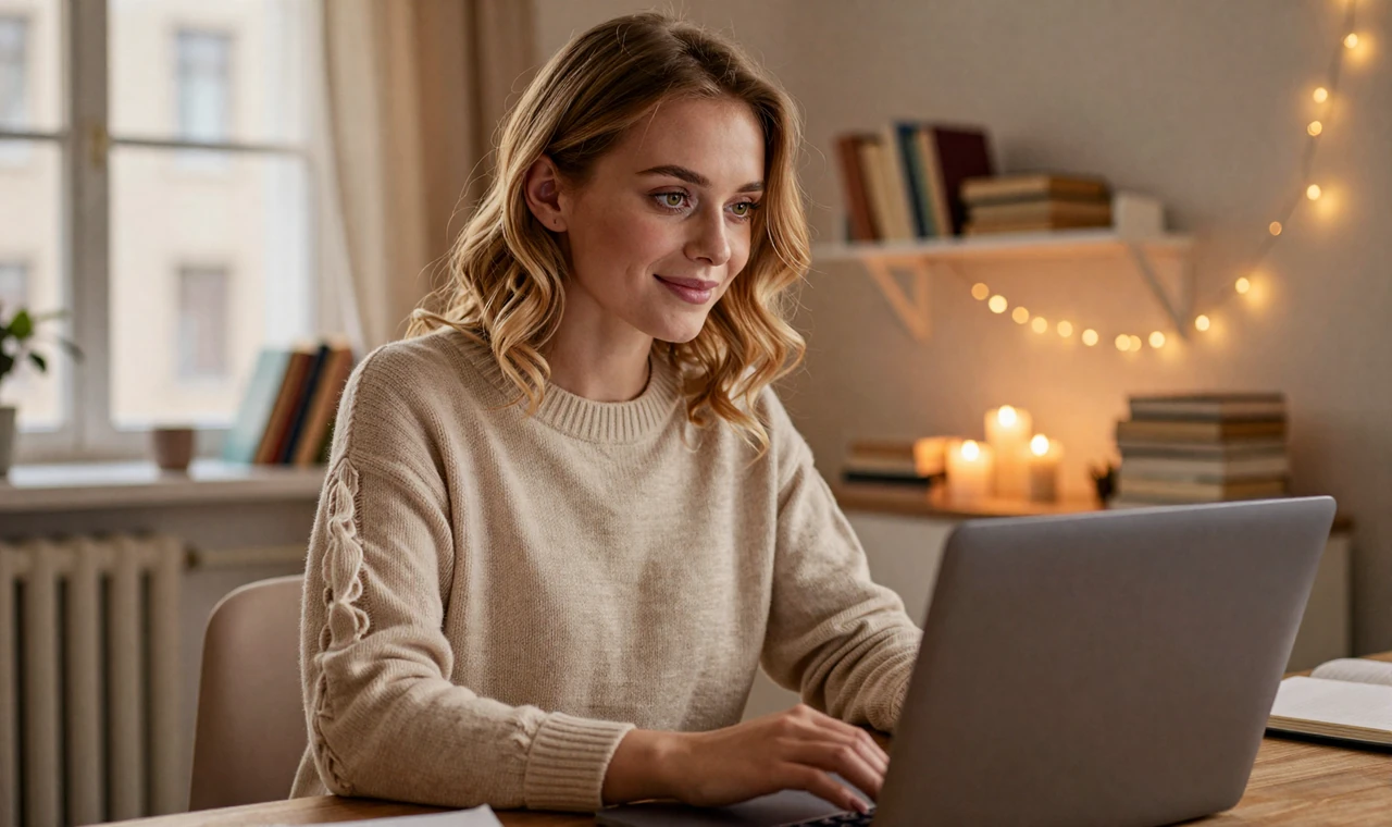 Slavic woman on a cozy evening video call illustrating long distance Slavic relationship tips