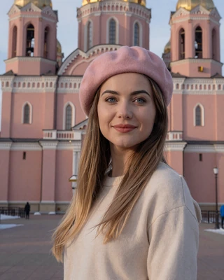 Maryna from Vitebsk in pink beret and ivory sweater near the old town cathedral
