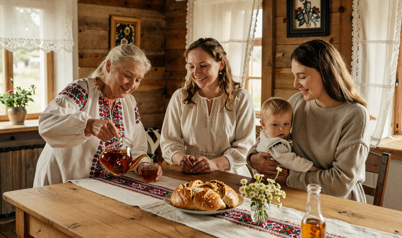Three generations of Slavic women sharing a family dinner in a sunlit farmhouse showing deep family values