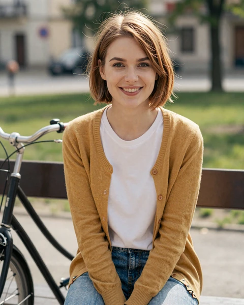 Klara from Brno in mustard cardigan at a riverside bench