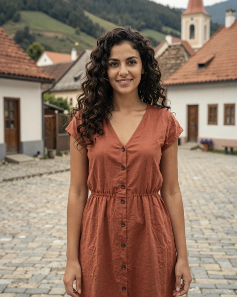 Mihaela from Sibiu in terracotta linen dress on a mountain trail